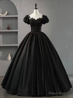 Black Scoop Neckline Satin Lace Long Prom Dress, A-Line Short Sleeve Party Dress