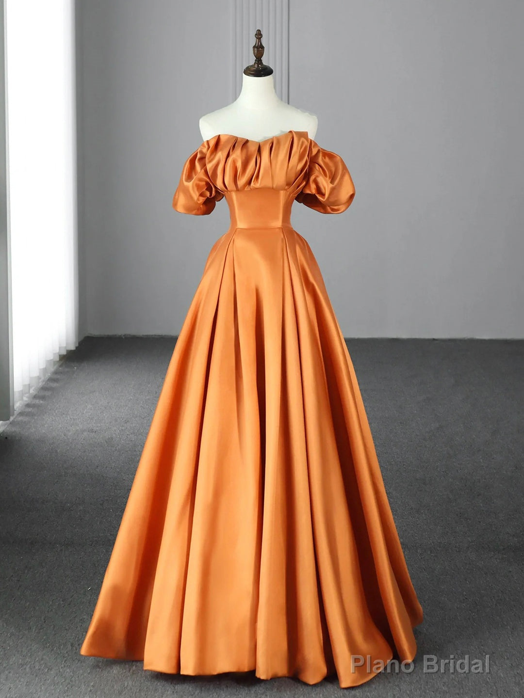 Orange Floor Length Satin Long Prom Dress, Off the Shoulder Evening Party Dress Main image