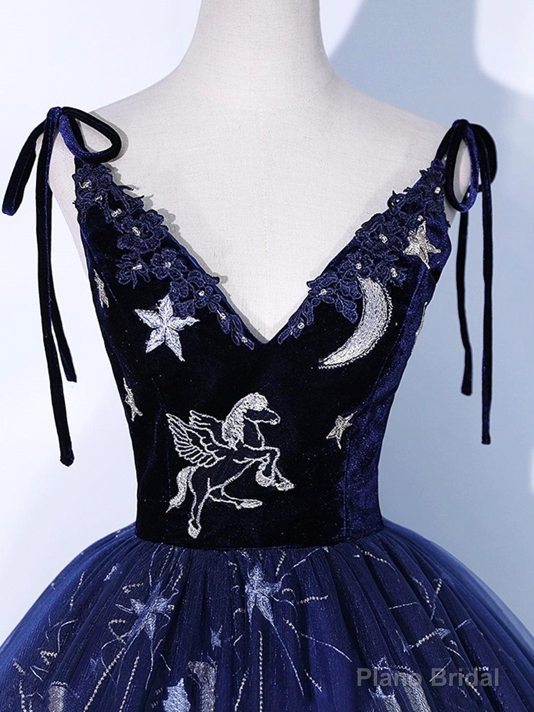 Navy Blue Tulle Long Prom Dress, Spaghetti Straps Lace Flower Backless Evening Dress Secondary image