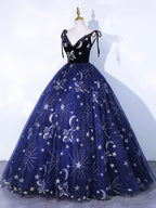 Navy Blue Tulle Long Prom Dress, Spaghetti Straps Lace Flower Backless Evening Dress