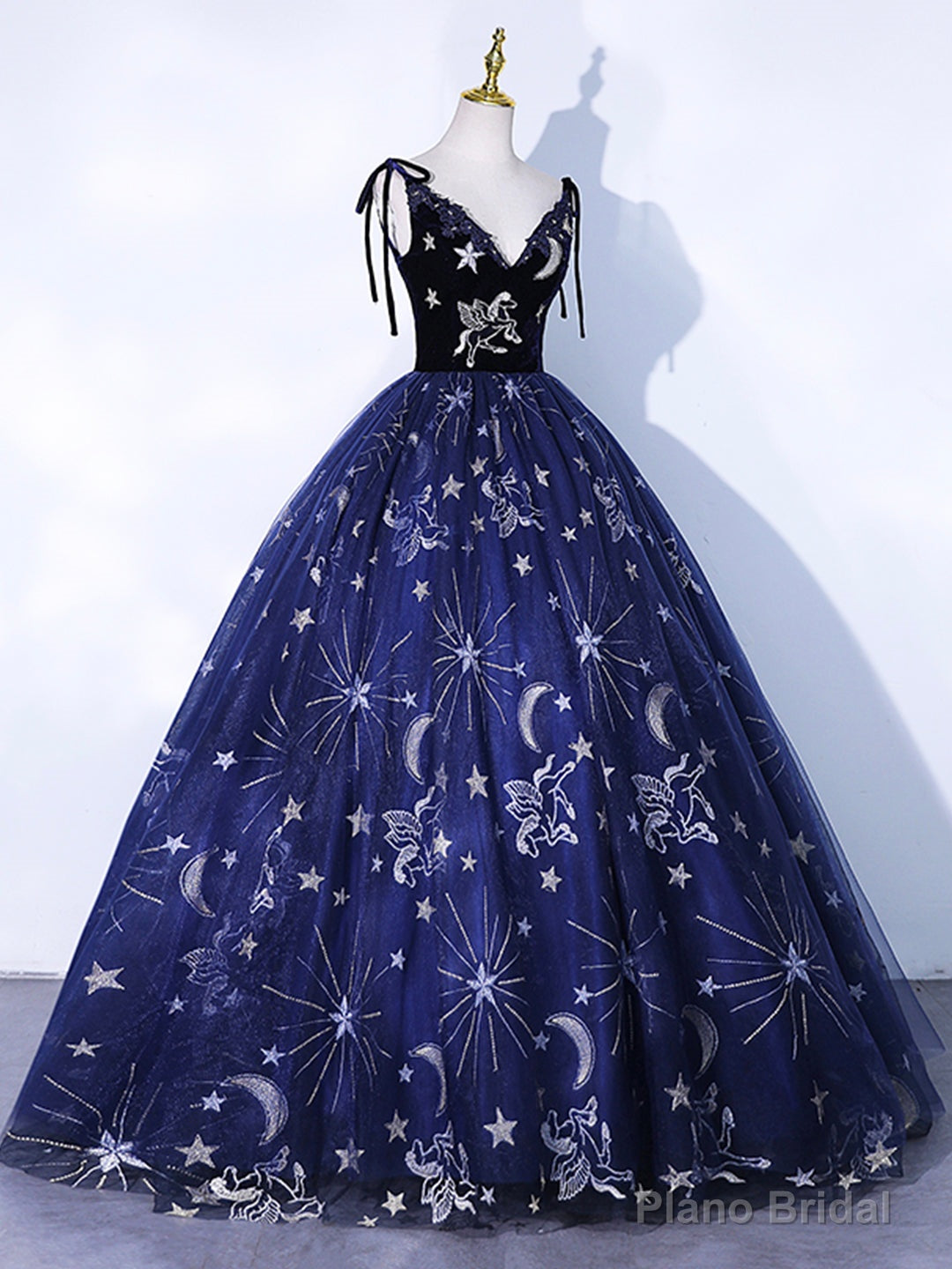 Navy Blue Tulle Long Prom Dress, Spaghetti Straps Lace Flower Backless Evening Dress