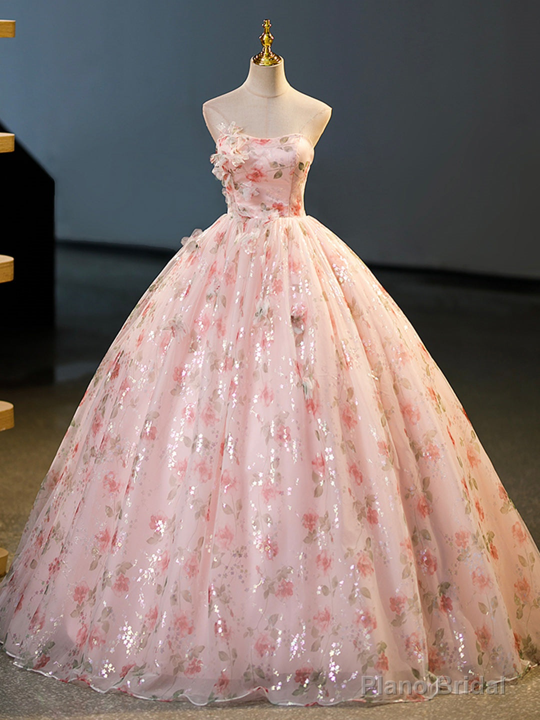 Beautiful Strapless Tulle Flower Long Prom Dress, Pink Ball Gown Formal Dress Main image