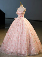 Beautiful Strapless Tulle Flower Long Prom Dress, Pink Ball Gown Formal Dress