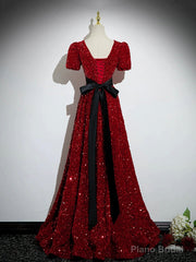 Burgundy V-Neck Sequins Long Prom Dress, A-Line Evening Party Dress with Bow