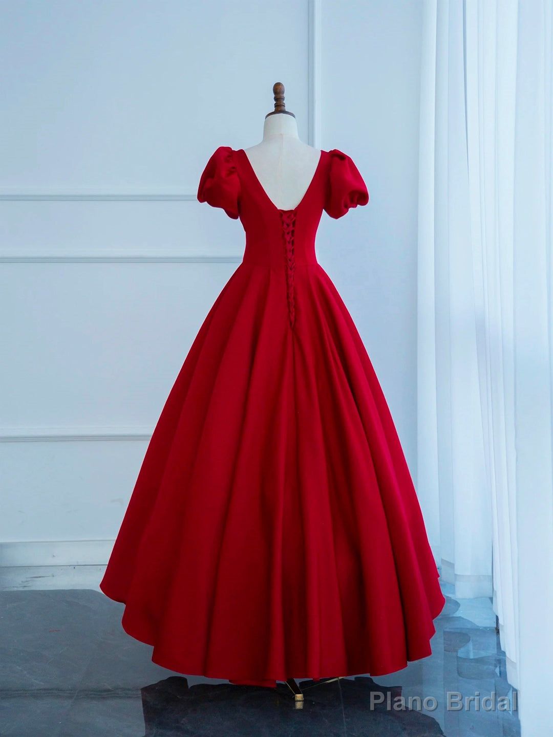 Dark Red Satin Long Prom Dress, A-Line Short Sleeve Evening Party Dress Main image