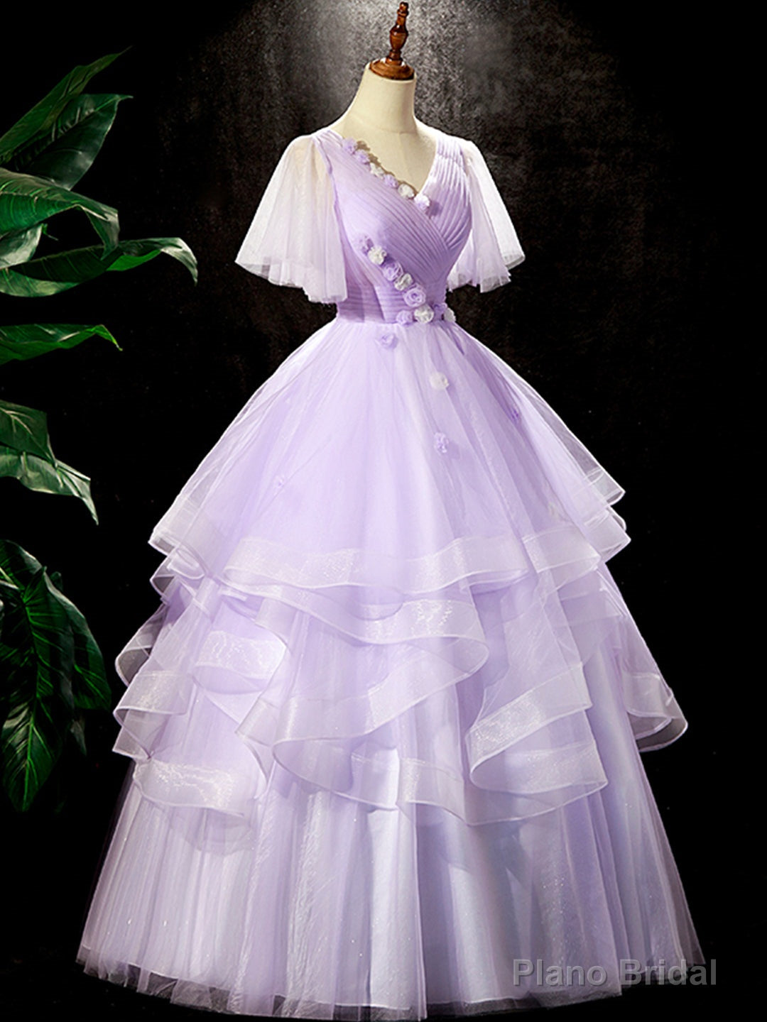 Fairy Purple Floral Floor Length Prom Dress, Beautiful V-Neck Party Birthday Dress Main image