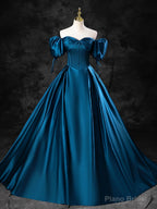 Blue Satin Off the Shoulder Floor Length Prom Dress, Blue A-Line Party Dress
