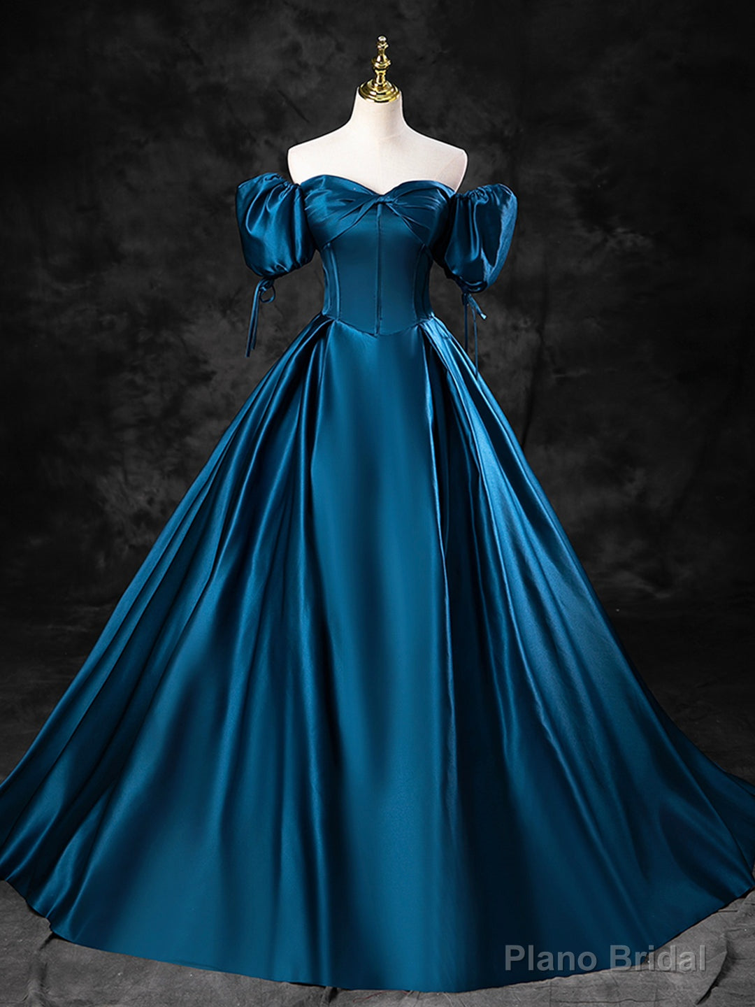 Blue Satin Off the Shoulder Floor Length Prom Dress, Blue A-Line Party Dress