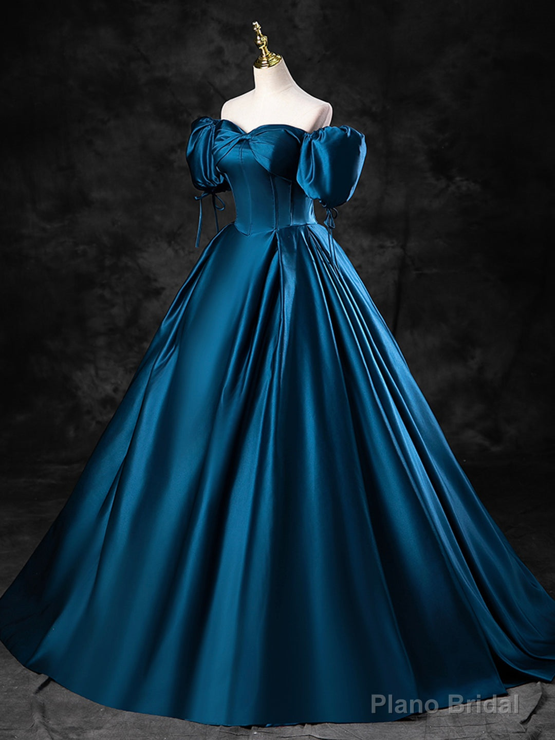 Blue Satin Off the Shoulder Floor Length Prom Dress, Blue A-Line Party Dress