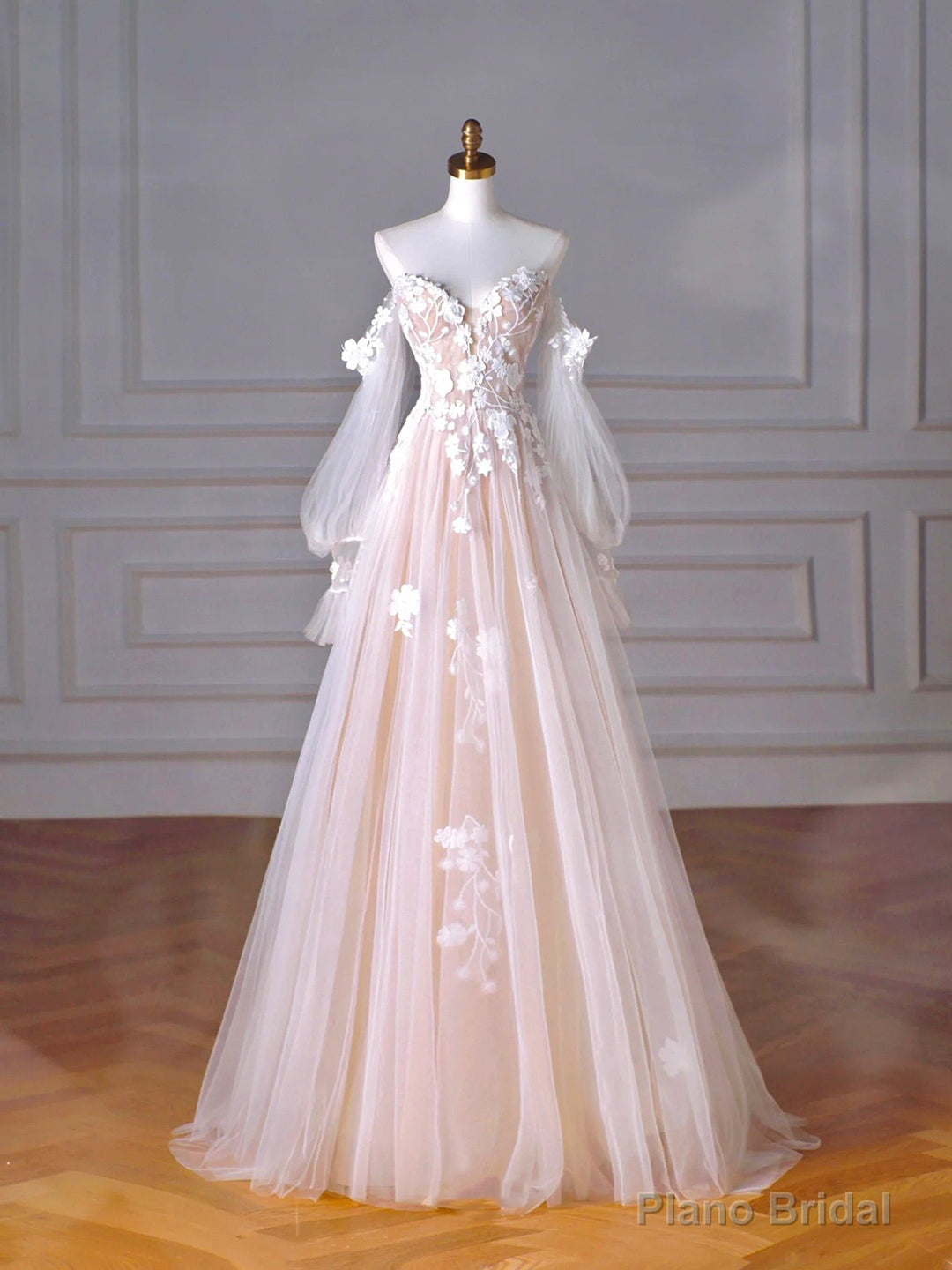 Champagne Tulle Lace Sweetheart Neck Long Formal Dress, A-Line Puff Sleeves Party Dress Main image