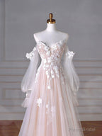 Champagne Tulle Lace Sweetheart Neck Long Formal Dress, A-Line Puff Sleeves Party Dress
