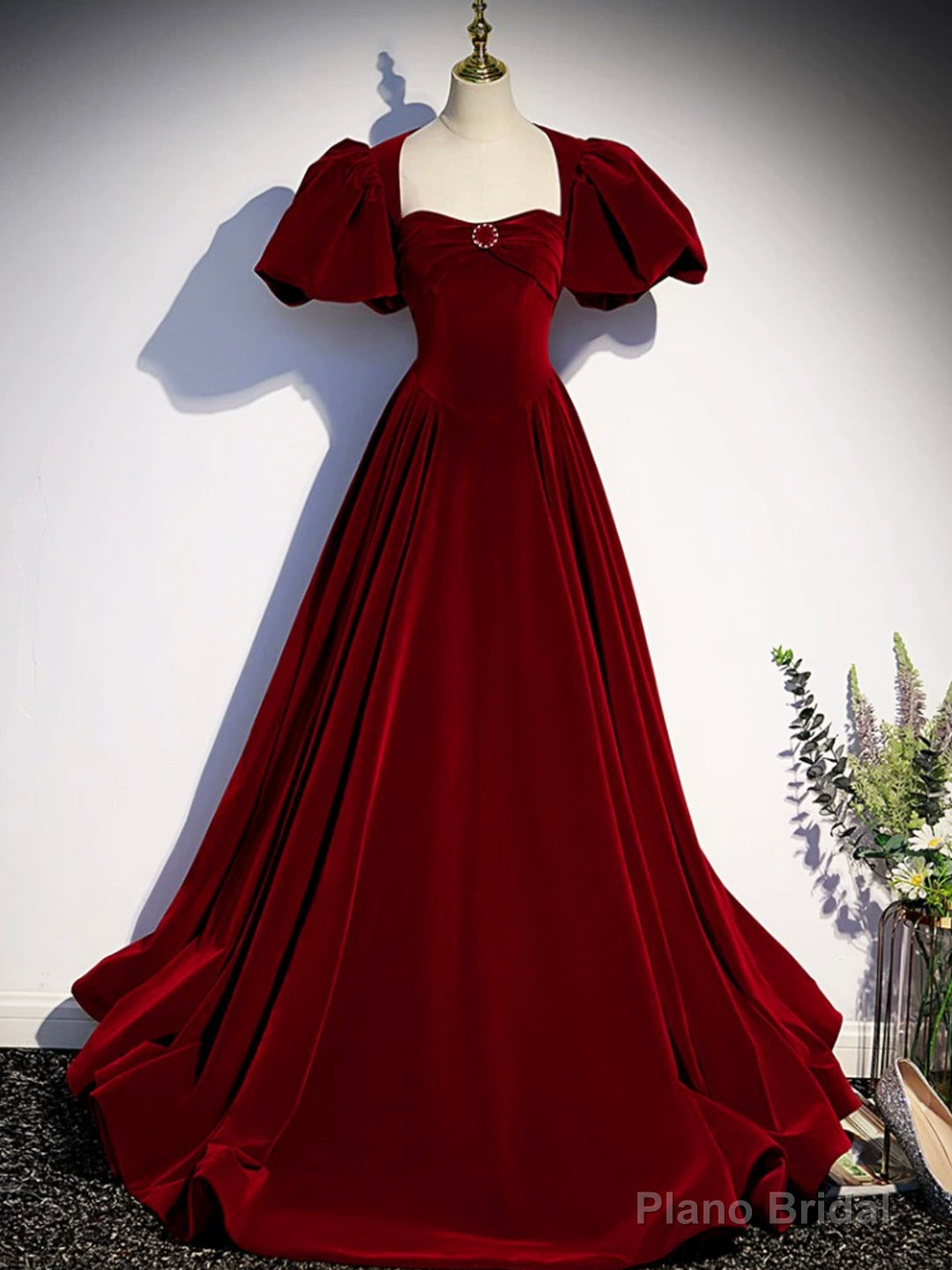 Burgundy Velvet Floor Length Prom Dress, Beautiful Open Back Evening Dress with Pearls Main image