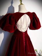 Burgundy Velvet Floor Length Prom Dress, Beautiful Open Back Evening Dress with Pearls