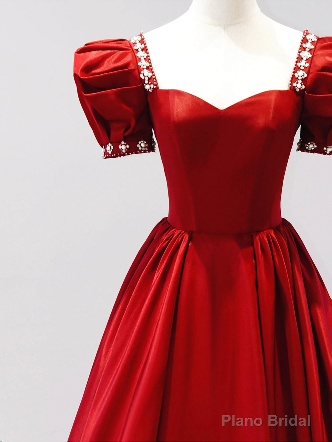 Burgundy Satin Floor Length Princess Dress with Beaded, A-Line Short Sleeve Evening Party Dress Secondary image