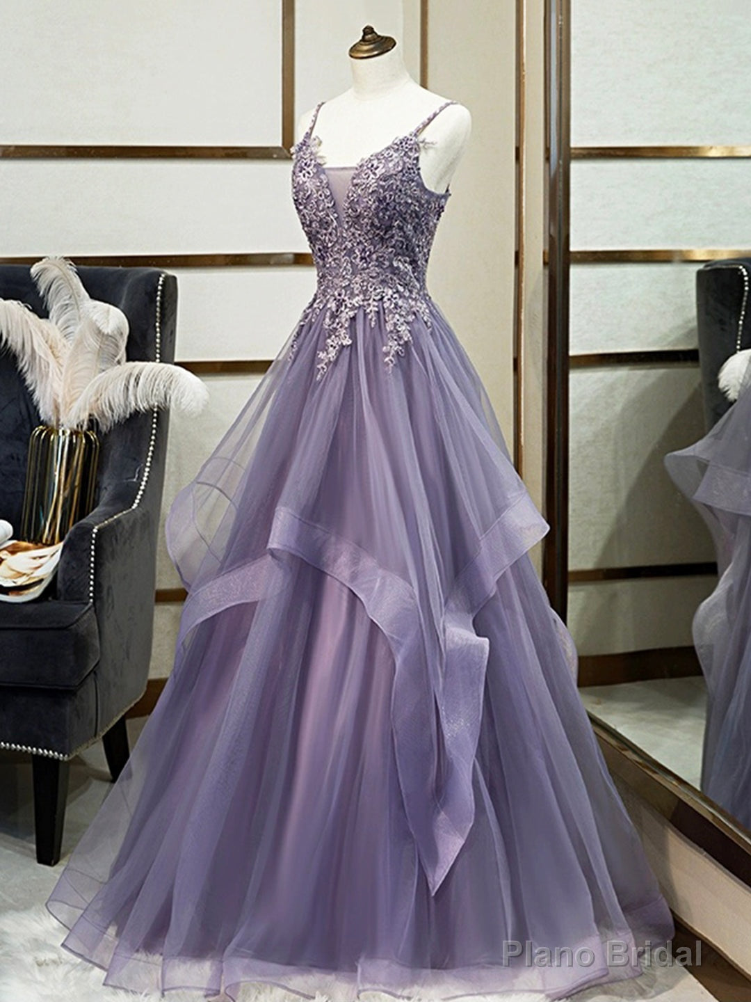 Purple Spaghetti Straps Lace Prom Dress, Lovely Tulle Corset Floor Length Evening Dress Secondary image