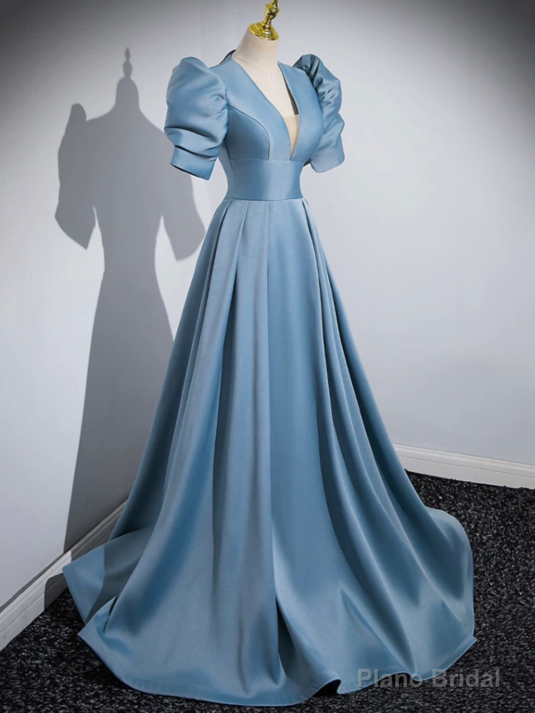 Blue Floor Length V-Neck Satin Prom Dress, Simple A-Line Evening Dress Secondary image
