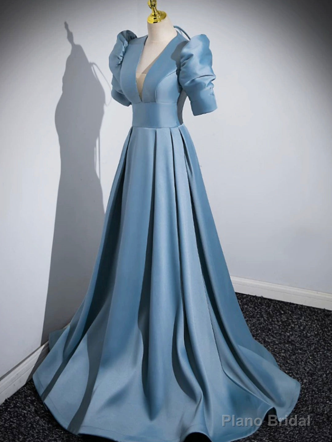 Blue Floor Length V-Neck Satin Prom Dress, Simple A-Line Evening Dress Main image