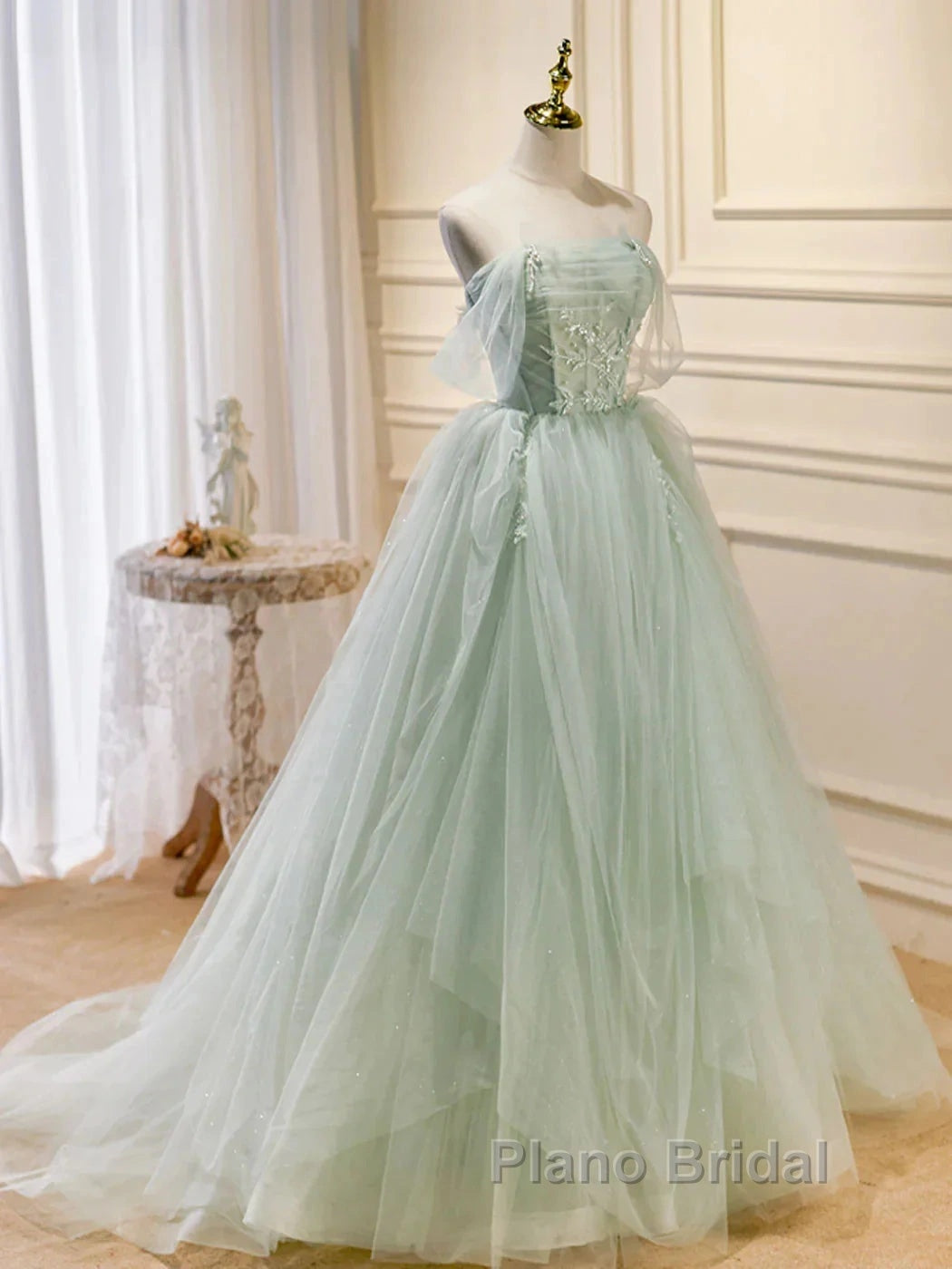 Zoom Light Green Tulle Beaded Sweetheart Long Formal Prom Dresses, A-Line Green Formal Dresses