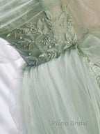 Zoom Light Green Tulle Beaded Sweetheart Long Formal Prom Dresses, A-Line Green Formal Dresses