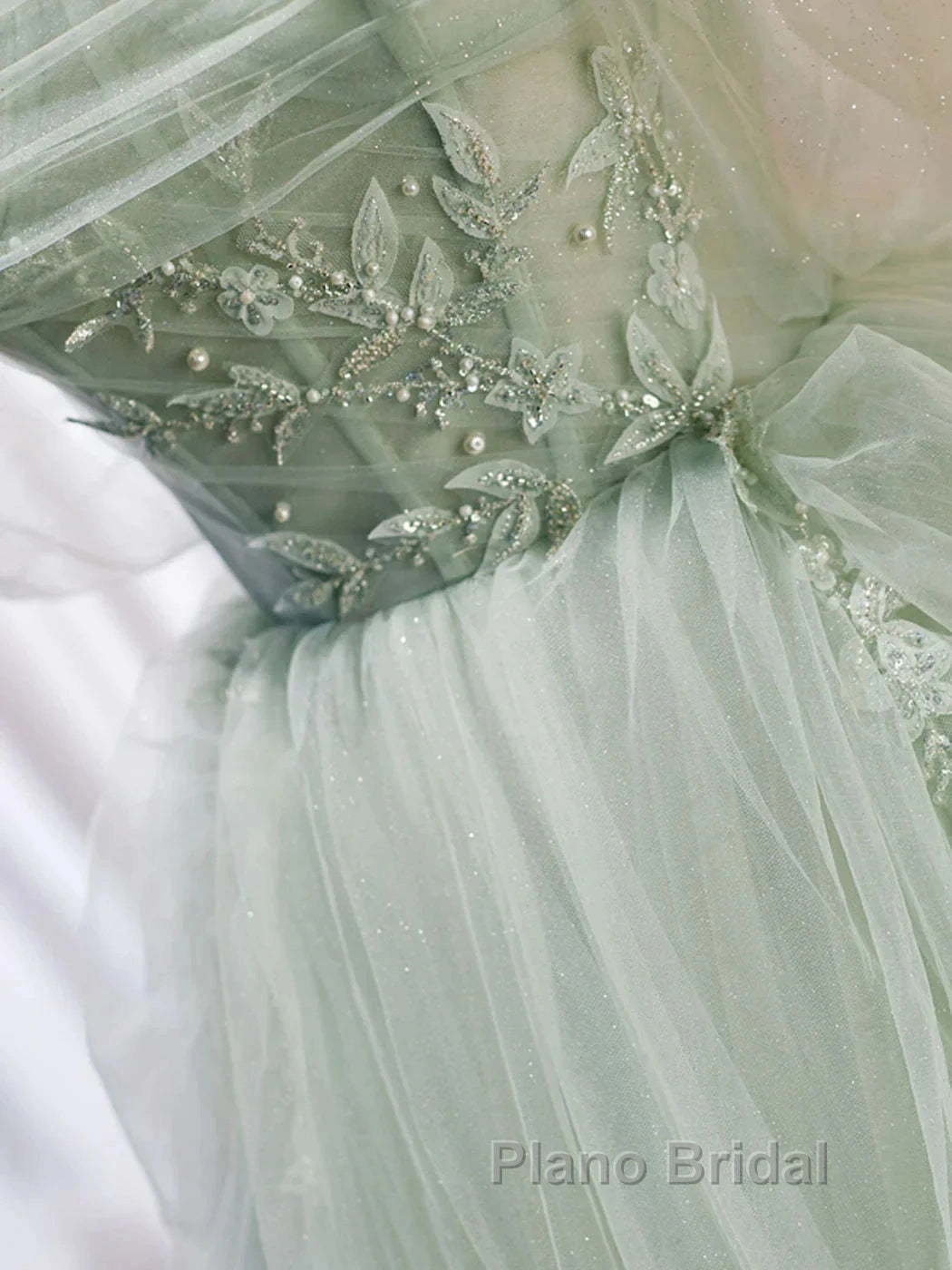 Zoom Light Green Tulle Beaded Sweetheart Long Formal Prom Dresses, A-Line Green Formal Dresses