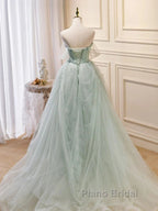 Zoom Light Green Tulle Beaded Sweetheart Long Formal Prom Dresses, A-Line Green Formal Dresses