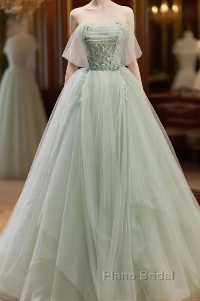 Zoom Light Green Tulle Beaded Sweetheart Long Formal Prom Dresses, A-Line Green Formal Dresses Main image