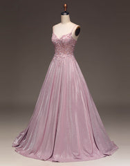 Pretty Blush A-Line Spaghetti Straps Long Glitter Prom Dress