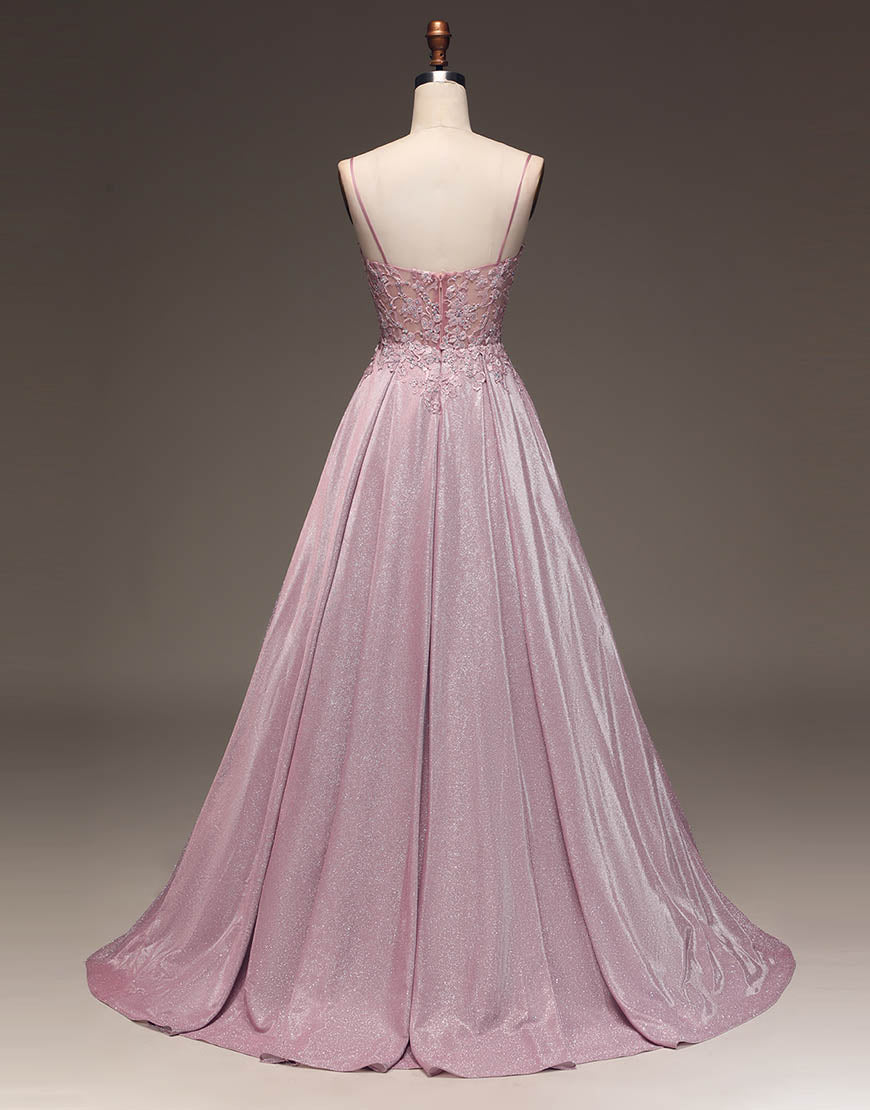 Pretty Blush A-Line Spaghetti Straps Long Glitter Prom Dress