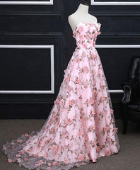 Pink Tulle 3D Flowers Long Prom Dress, Pink Evening Dress