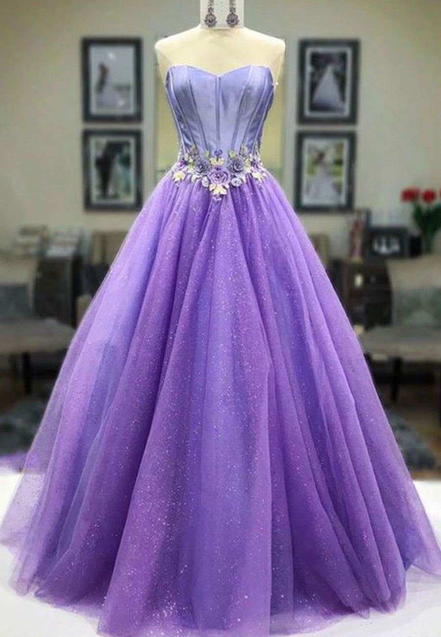 Purple Strapless Tulle Long Prom Dresses, A-Line Evening Dresses