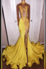 2024 Junoesque Yellow Split Mermaid/Trumpet Long Sleeve Satin Prom Dresses