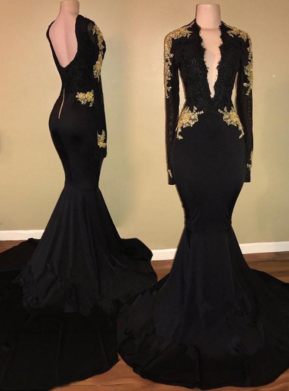2024 Charming Long Sleeve Black V-neck Prom Dresses