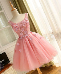 Cute A Line Pink Tulle Pearl Short Prom Dress, Homecoming Dress