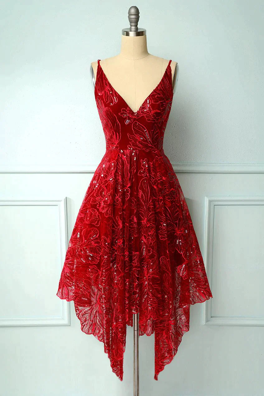 Burgundy Lace V-Neck Short Prom Dress, A-Line Irregular Hem Party Dress