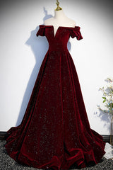 Burgundy Velvet Long Prom Dresses, Off the Shoulder Formal Evening Dresses