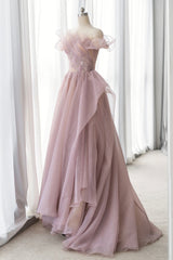 Pink Tulle Long A-line Prom Dress, Lovely Off the Shoulder Evening Dress