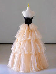 Champagne Strapless Tulle Long Prom Dress, Beautiful Formal Evening Dress