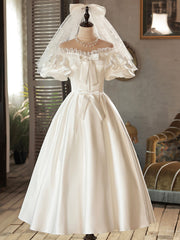 White Satin Lace Short Prom Dress, White Evening Dress, Wedding Dress