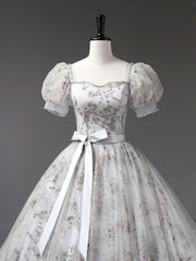 Gray Tulle Sequins Long Prom Dress, A-Line Short Sleeve Evening Dress
