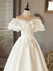 White Satin Lace Short Prom Dress, White Evening Dress, Wedding Dress