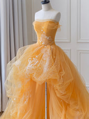 Orange Tulle Lace Long High Low Prom Dress, A-Line Strapless Evening Dress