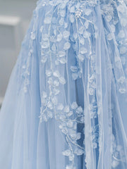 Blue Sweetheart Neck Lace Floor Length Prom Dress, Lovely Blue Evening Dress