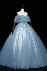 Blue Tulle Lace Long Prom Dresses, A-Line Off the Shoulder Evening Dresses