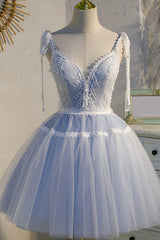 Blue Lace Short A-Line Prom Dress, Cute Spaghetti Strap Party Dress