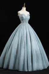Blue Tulle Sequins Long Prom Dresses, A-Line Evening Dresses