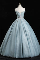 Blue Tulle Sequins Long Prom Dresses, A-Line Evening Dresses