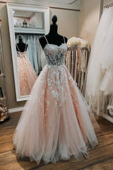 Pink Sweetheart Neck Lace Long Prom Dresses, A-Line Formal Dresses