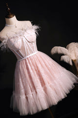 Pink Strapless Lace Short Prom Dress, A-Line Party Dress with Feather