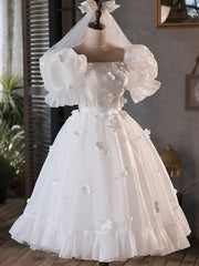 White Tulle Short A-Line Prom Dress, Cute Puff Sleeve Party Dress