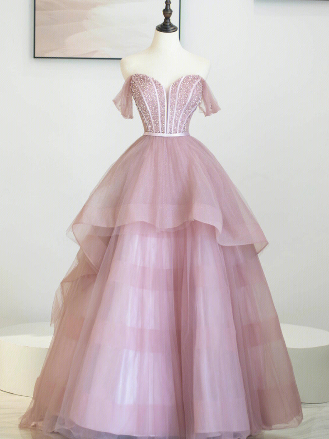 Pink Tulle Sequins Long Prom Dress, Off Shoulder Evening Dress